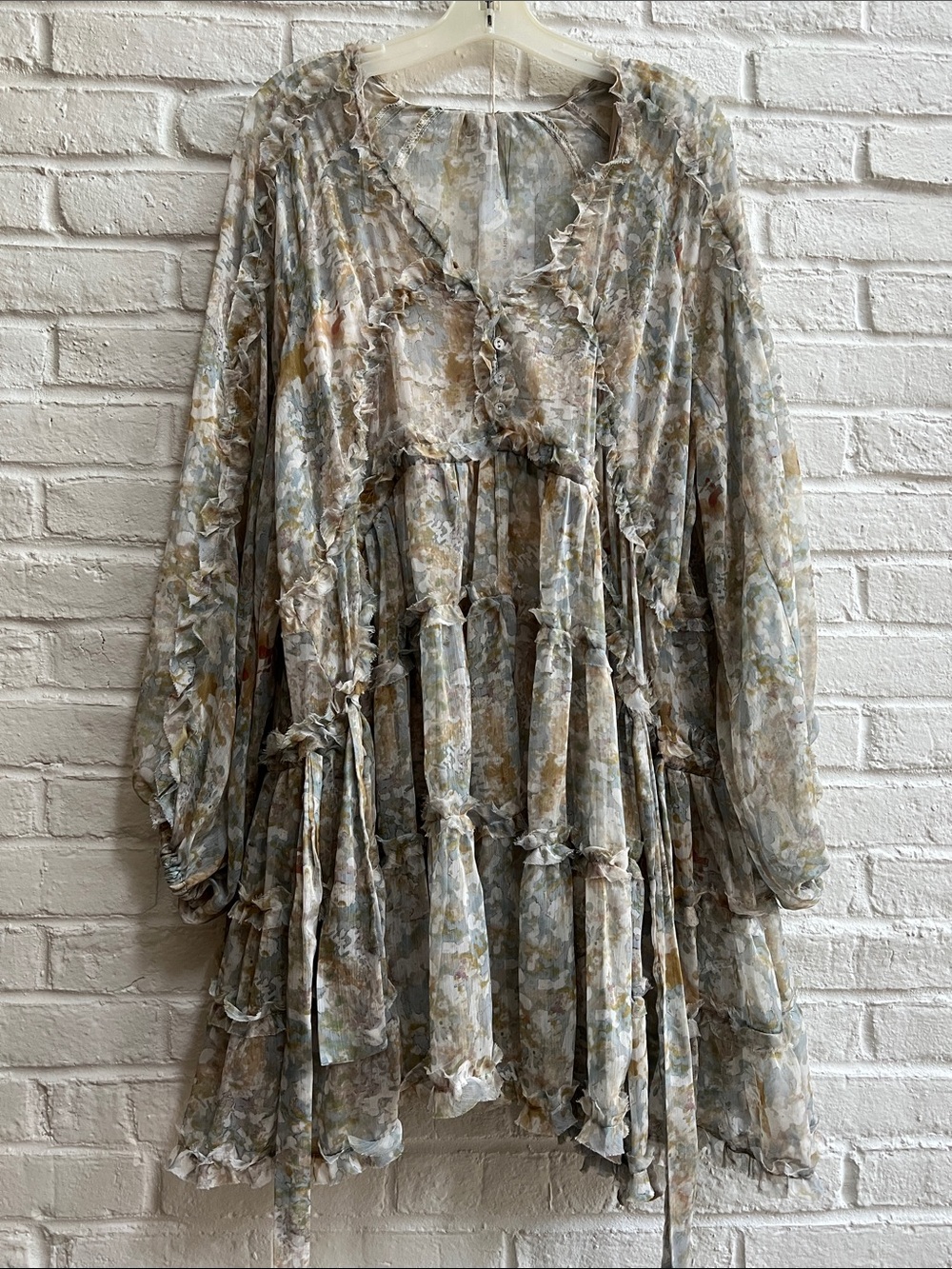 OPT Green Gray longsleeve V neck Chiffon mini dress Ruffle trim Adjustable ties - Picture 3 of 16